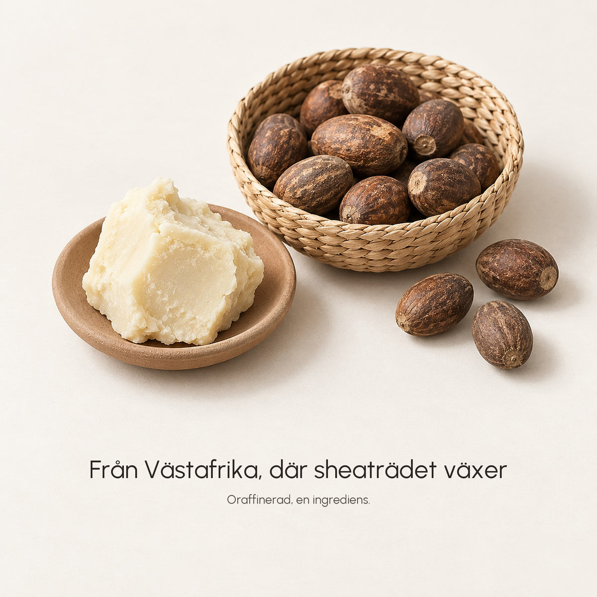 En korg med sheanötter och en skål ljust sheasmör, med rubriken Från Västafrika, där sheaträdet växer