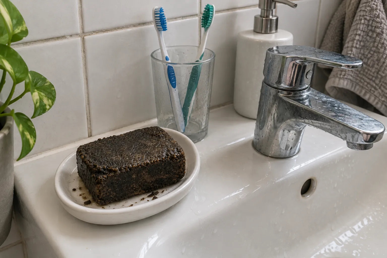 En mörkbrun, ojämn bit tvål på ett tvålfat vid ett handfat